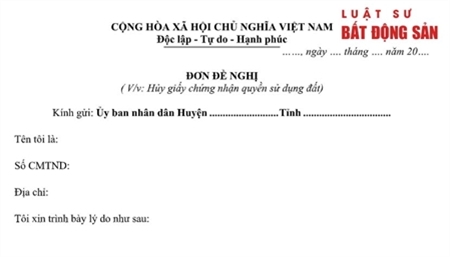 Mẫu đơn yêu cầu hủy giấy chứng nhận quyền sử dụng đất?